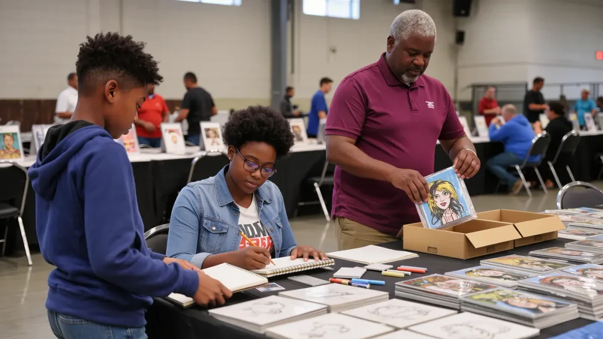 Small-press comics creators tabling together at a convention artist alley