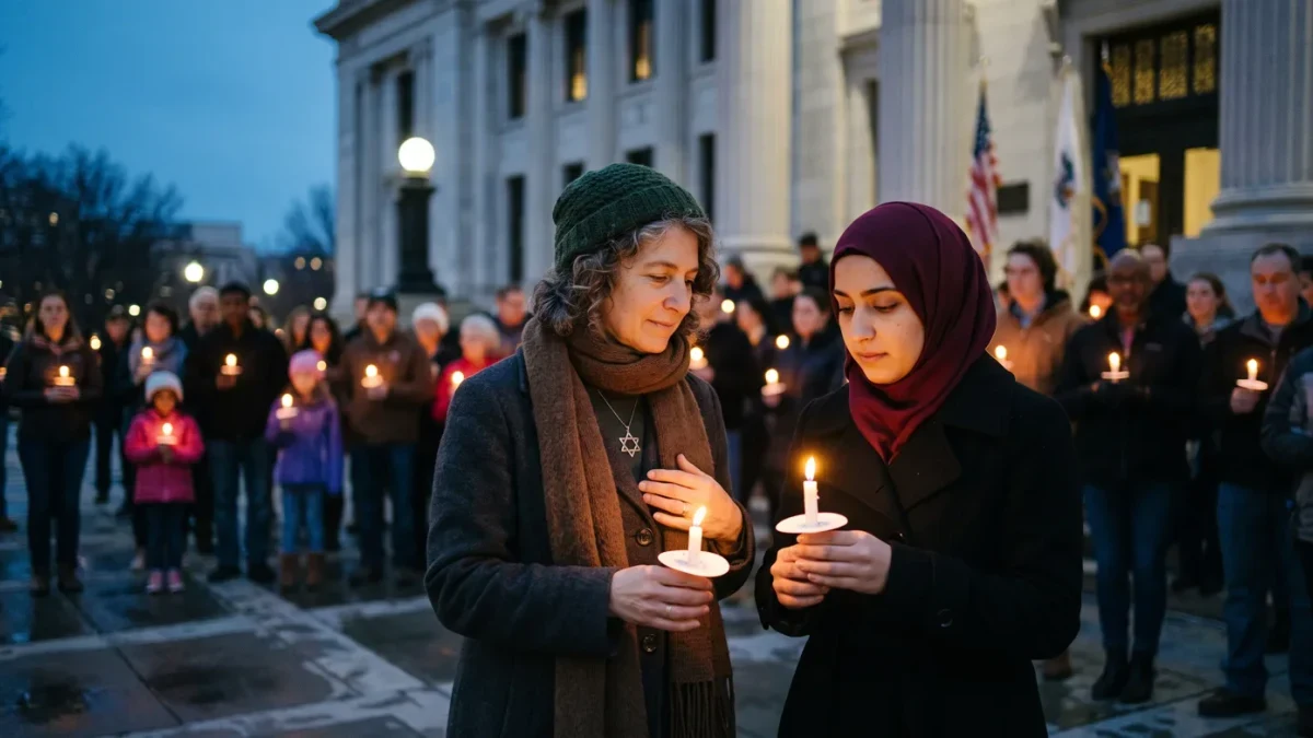 Two women from different faith communities talking at an interfaith vigil