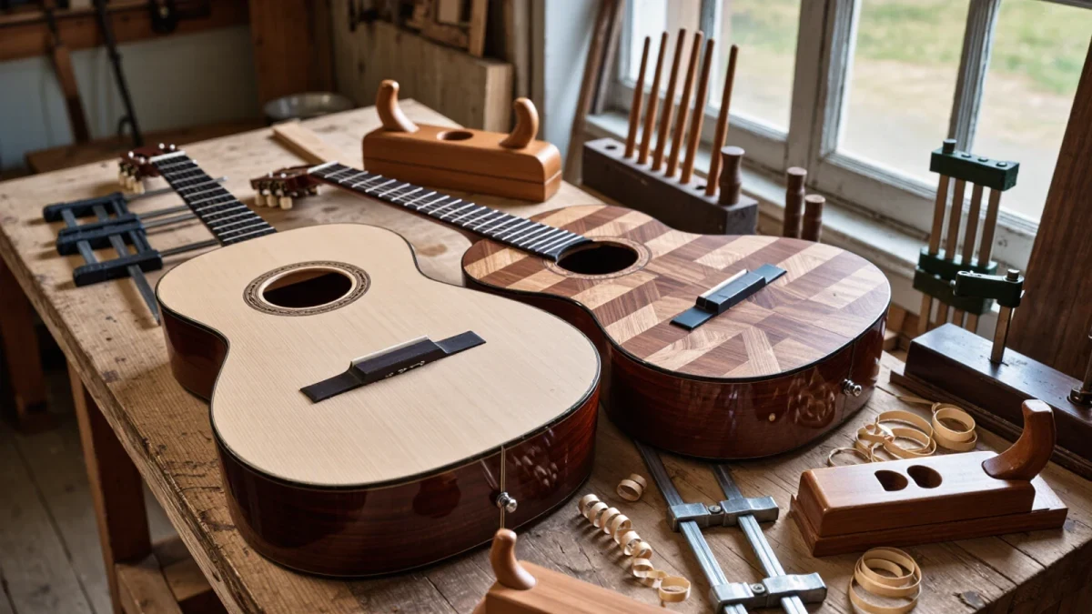 Luthier workshop with braced guitar tops clamped on the bench