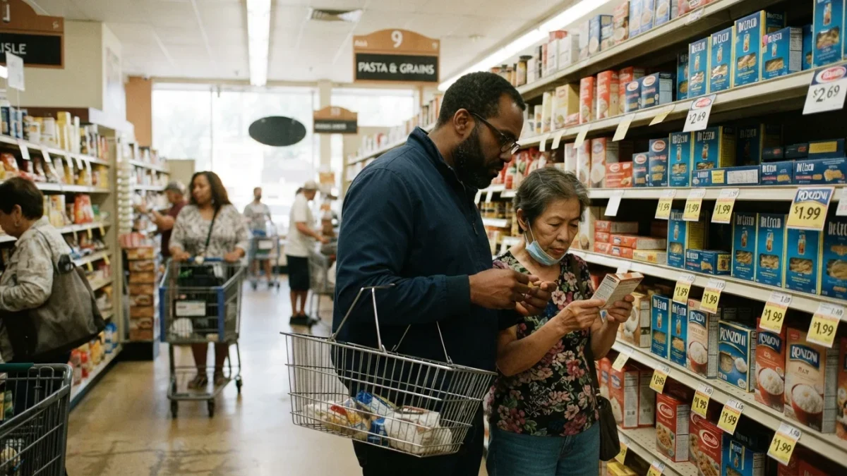 Shoppers comparing prices in a grocery store aisle