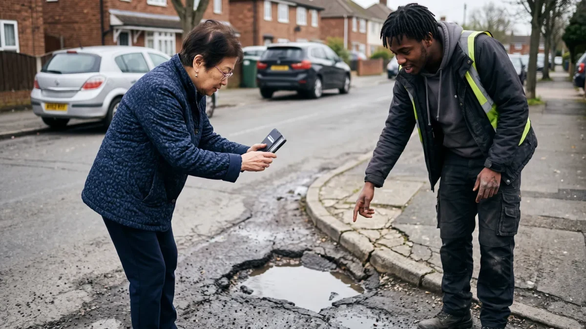 City residents reporting a street problem by phone at the curb