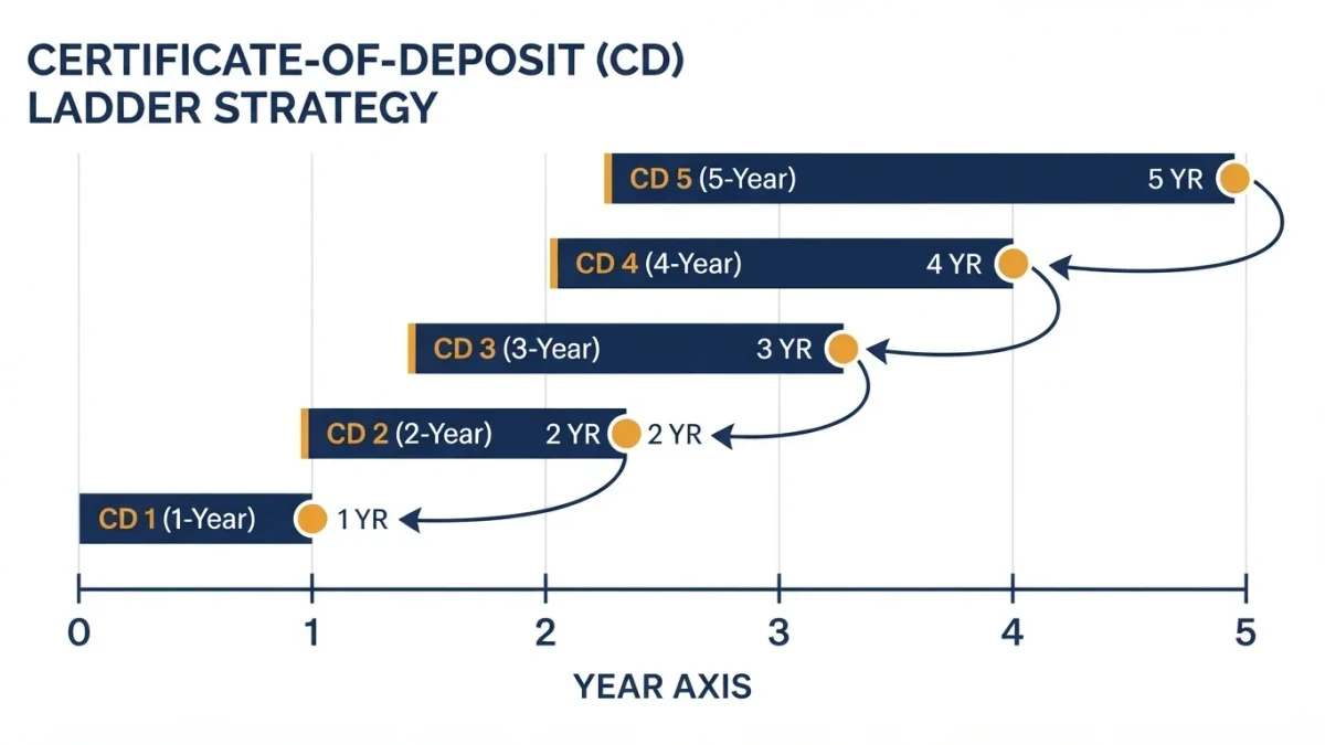 Editorial timeline infographic showing staggered CD maturities across five rungs