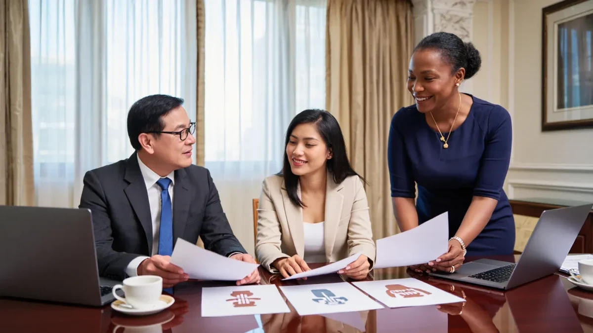 Committee members reviewing a gala seating chart at a desk