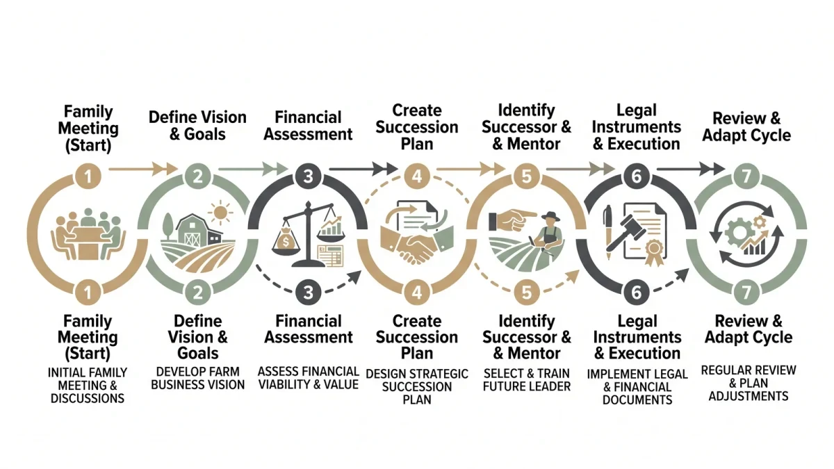 Timeline infographic of seven farm succession planning steps