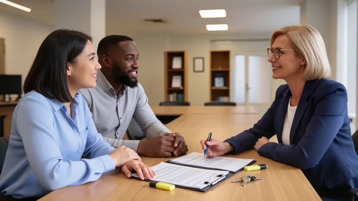 First-time buyers reviewing final loan documents at closing