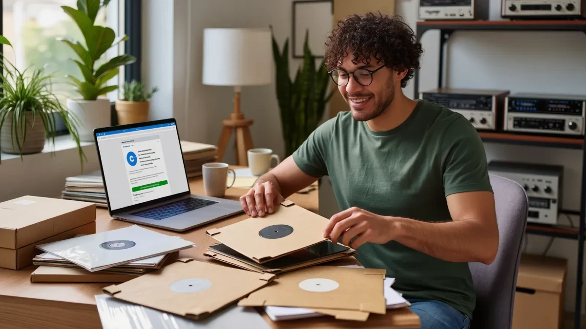 Independent musician packing vinyl pre-orders at home