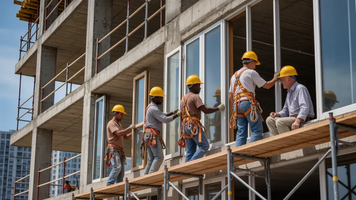 Construction crew installing siding on a new apartment building