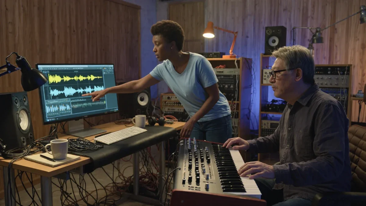 Two producers comparing a screen and a hardware synth