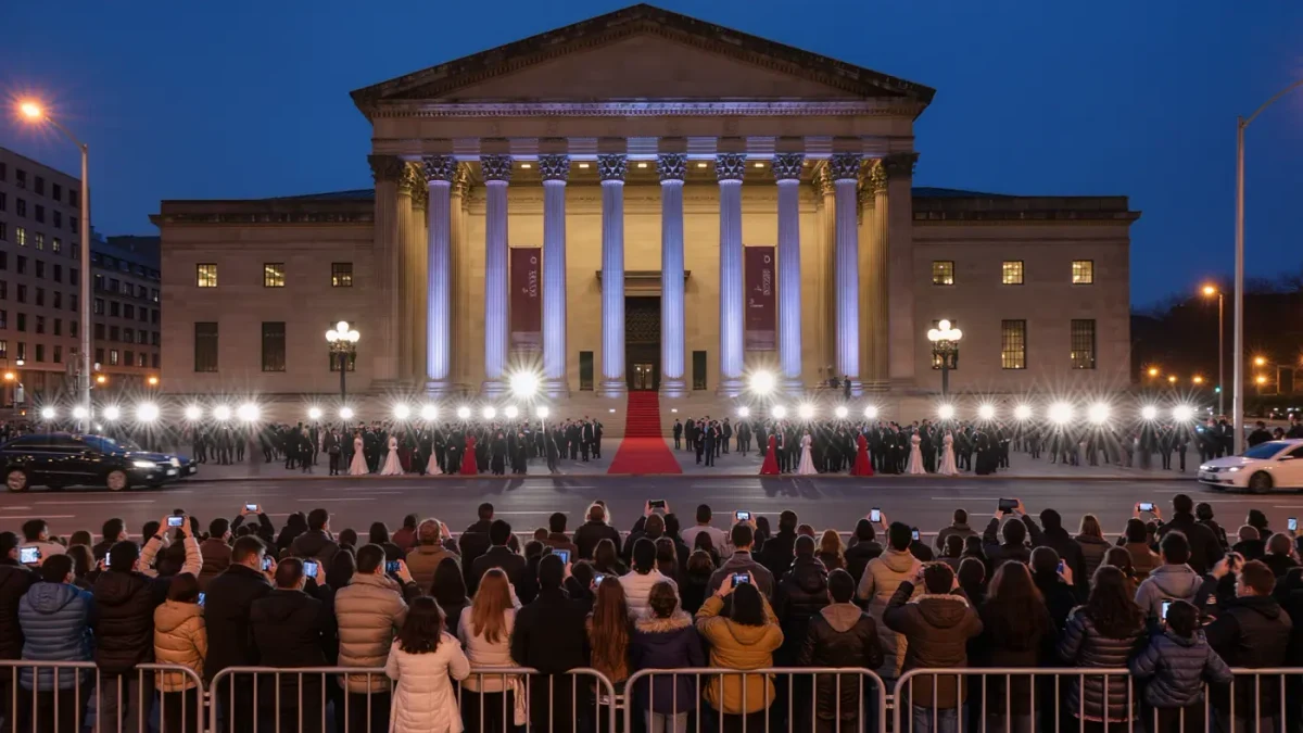 Candid documentary scene of a diverse crowd of onlookers and photographers behind metal barricades on Fifth Avenue at dusk during a gala evening, gowns visible in the far distance