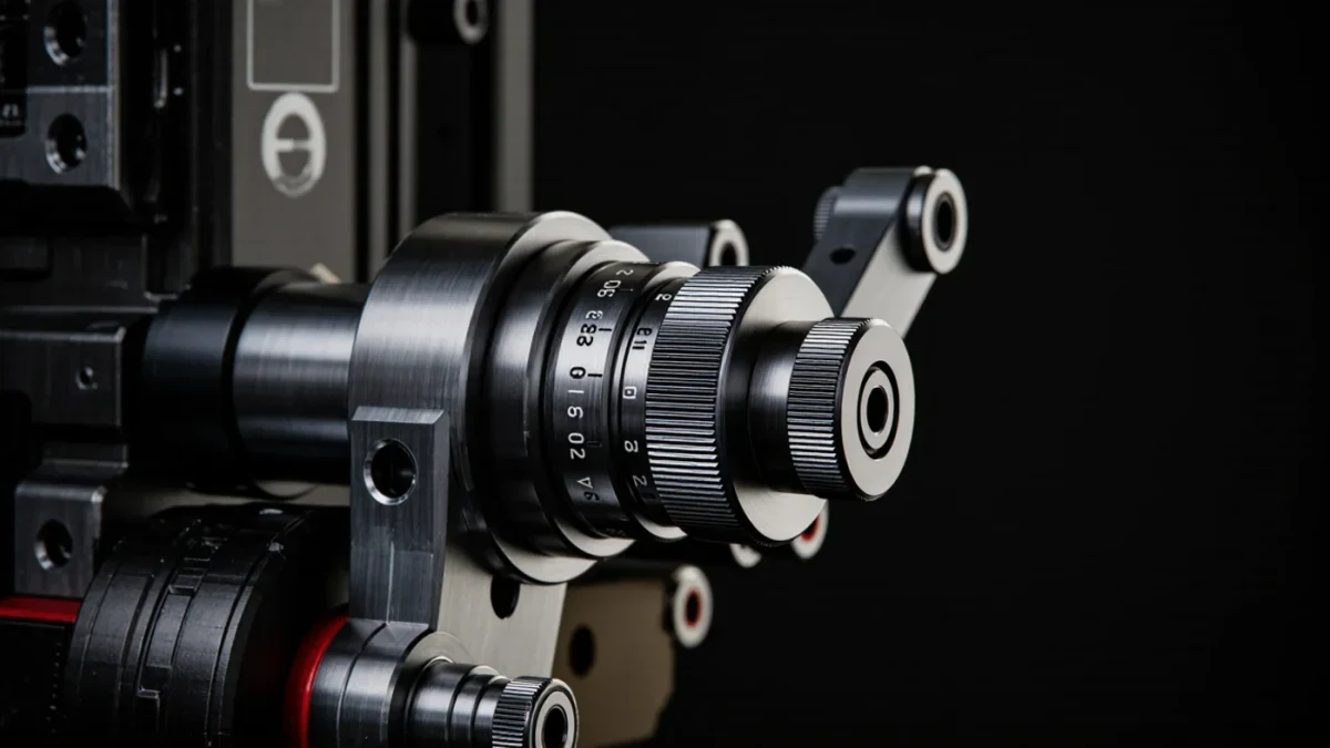 Detail of a film camera body and follow-focus dial in low light
