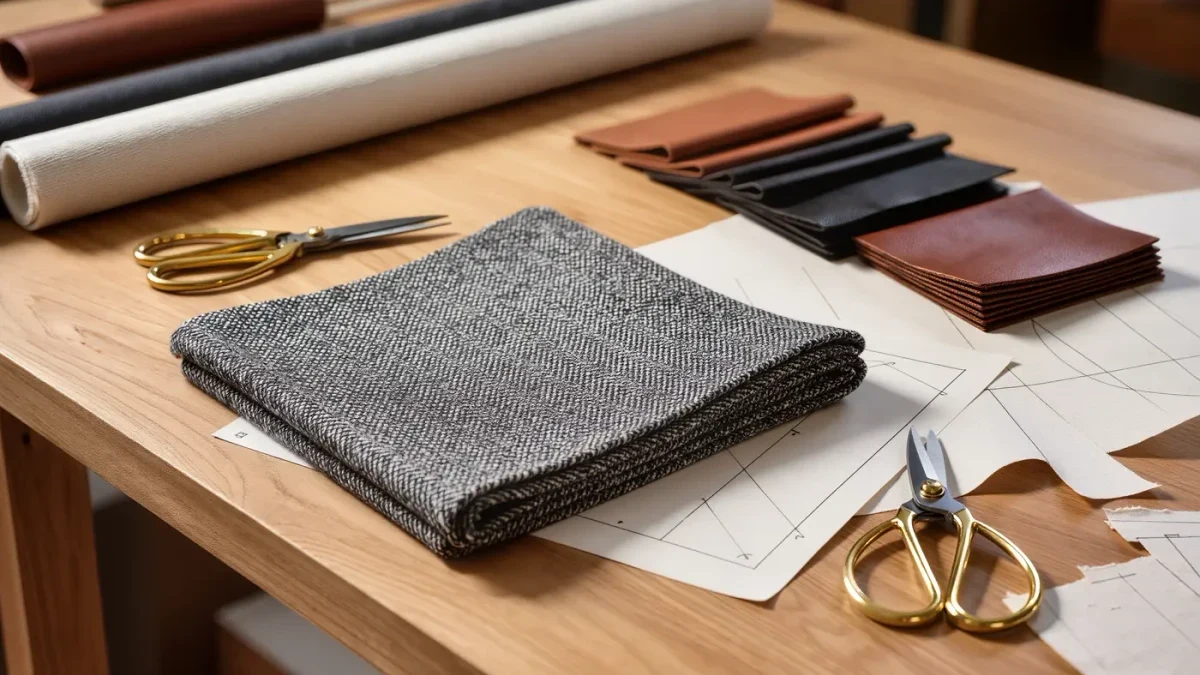 Bolt of dark tweed beside leather samples and cotton canvas on an atelier table