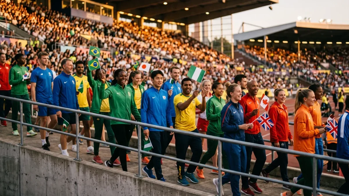 Athletes of many nations walking together in a stadium parade