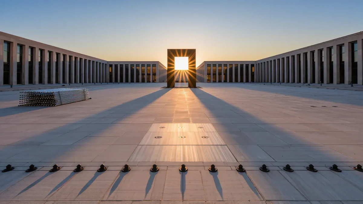 Empty granite plaza at dawn where a sculpture once stood