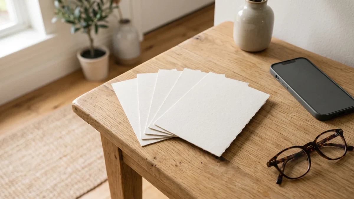 Stacked subscription cards fanned on a hallway table
