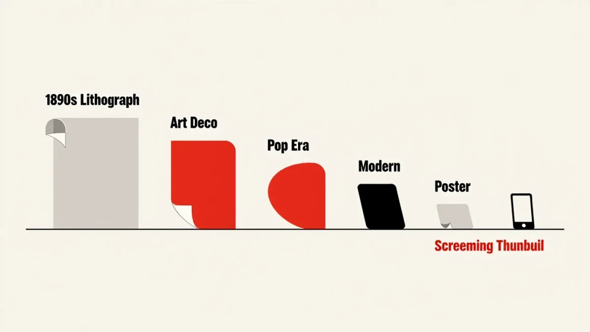 Infographic timeline of five movie poster design eras