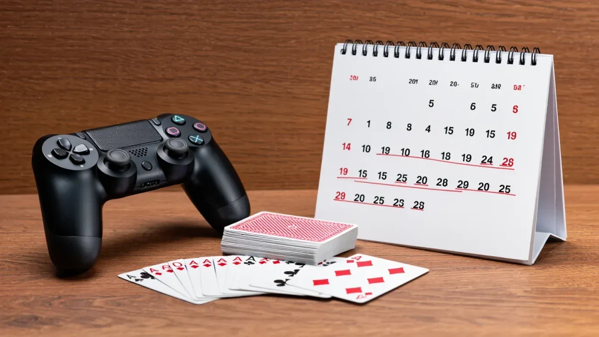 Game controller and playing cards arranged beside a calendar