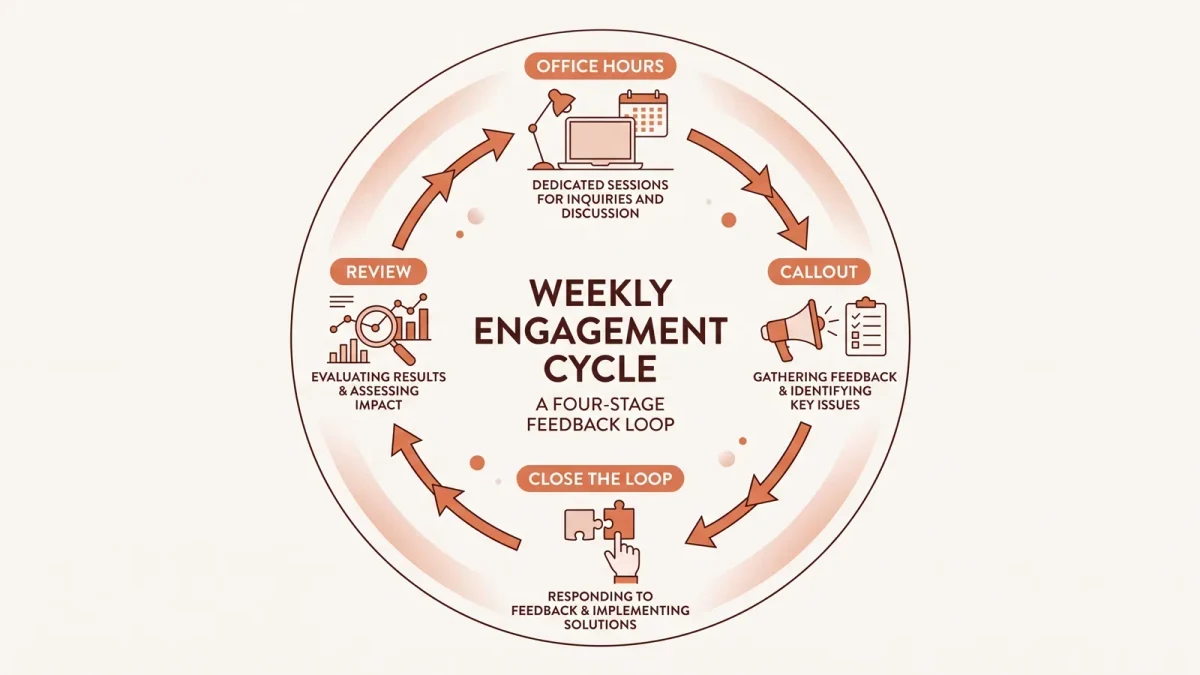 Infographic of a reporter's weekly engagement cycle from office hours to loop closure