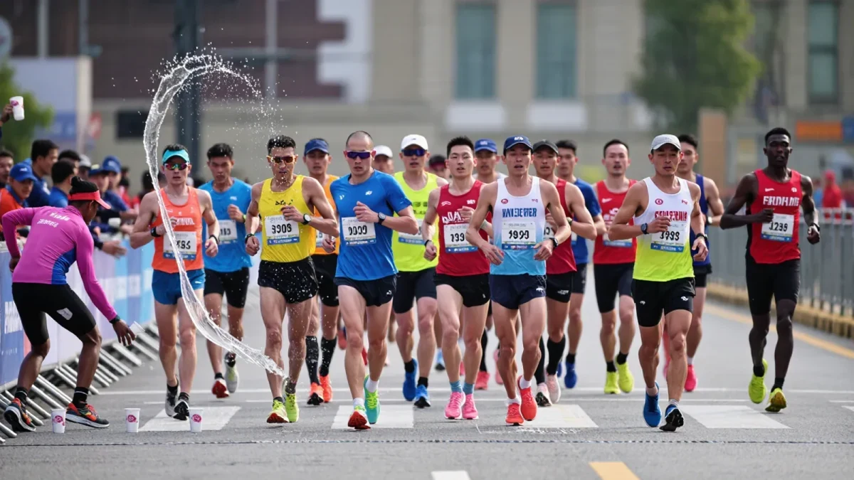 Runners taking cups at race fueling station