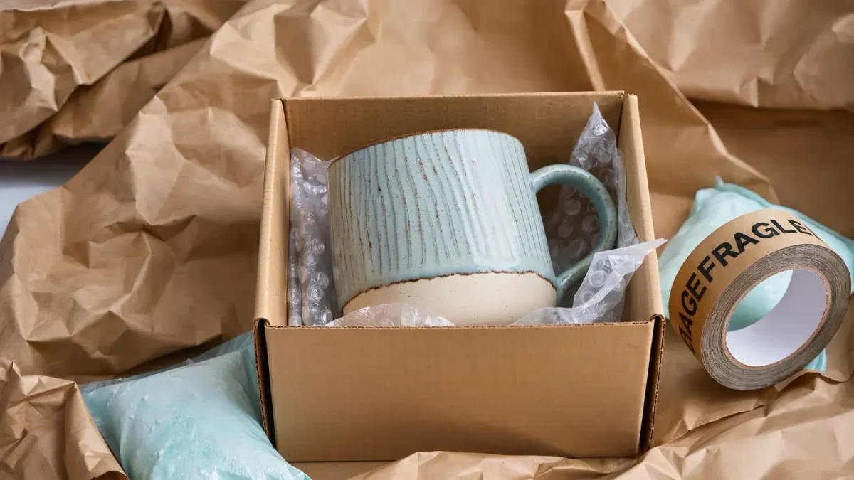 Boxed handmade mug cocooned in bubble wrap and fragile tape