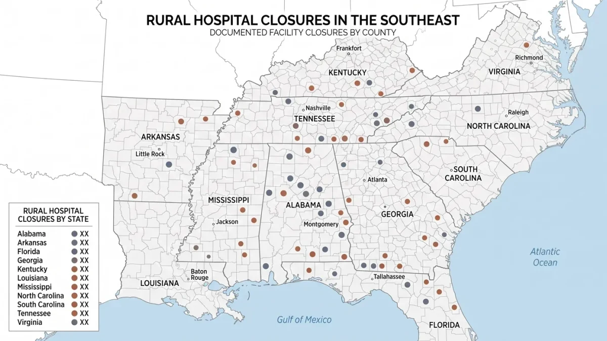 County-level map marking rural hospital closures across the Southeast