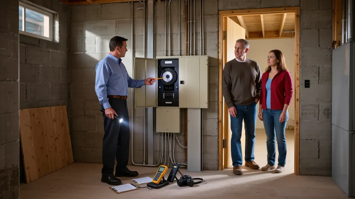 Inspector checking home electrical panel with flashlight
