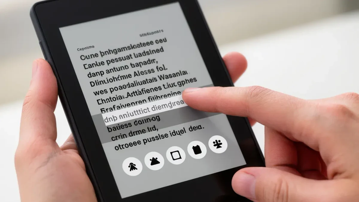 Thumb highlighting a line of text on an e-reader screen