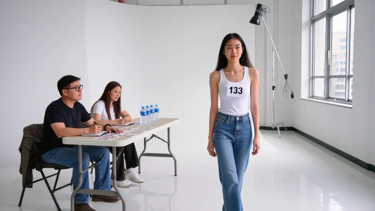 Model walking a white casting studio while scouts take notes