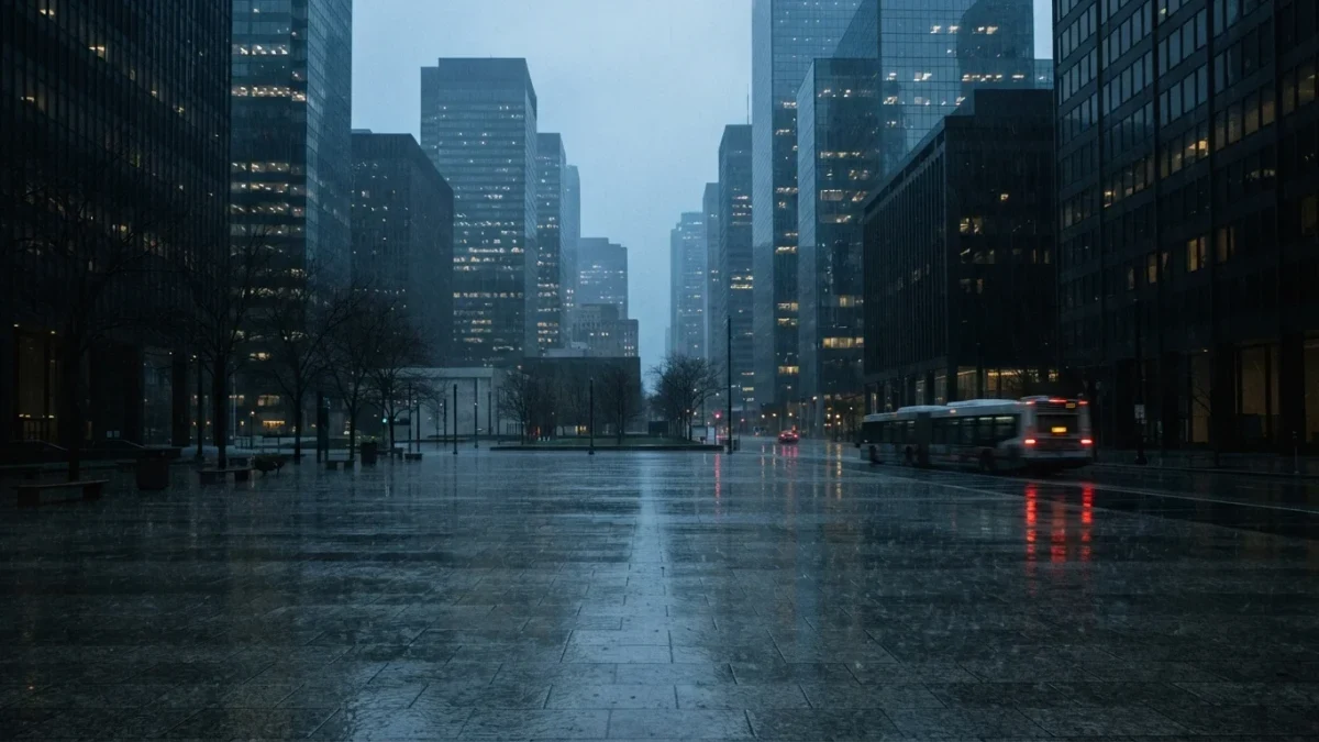Photojournalistic scene of a empty city office district in rain