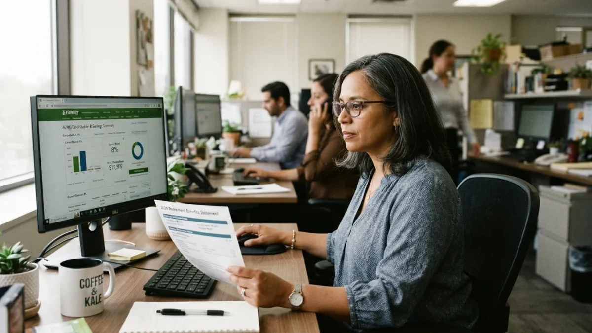 Office employee reviewing retirement contribution settings on a workplace screen