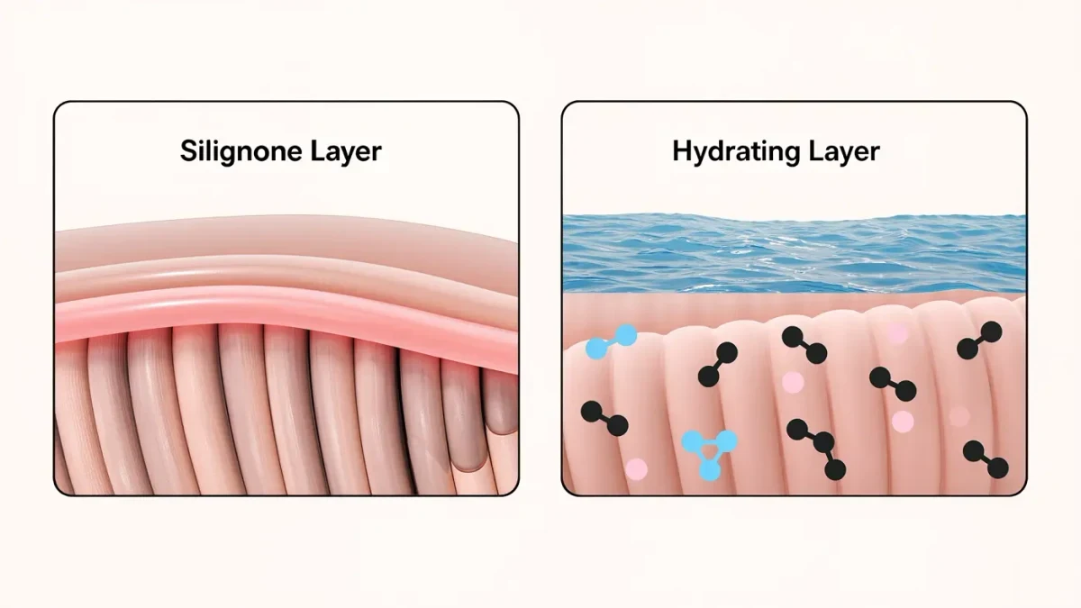 infographic comparing silicone film smoothing skin texture versus water-based hydrating layer