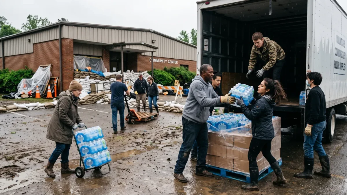 Volunteers unloading pallets of water at a damaged community center