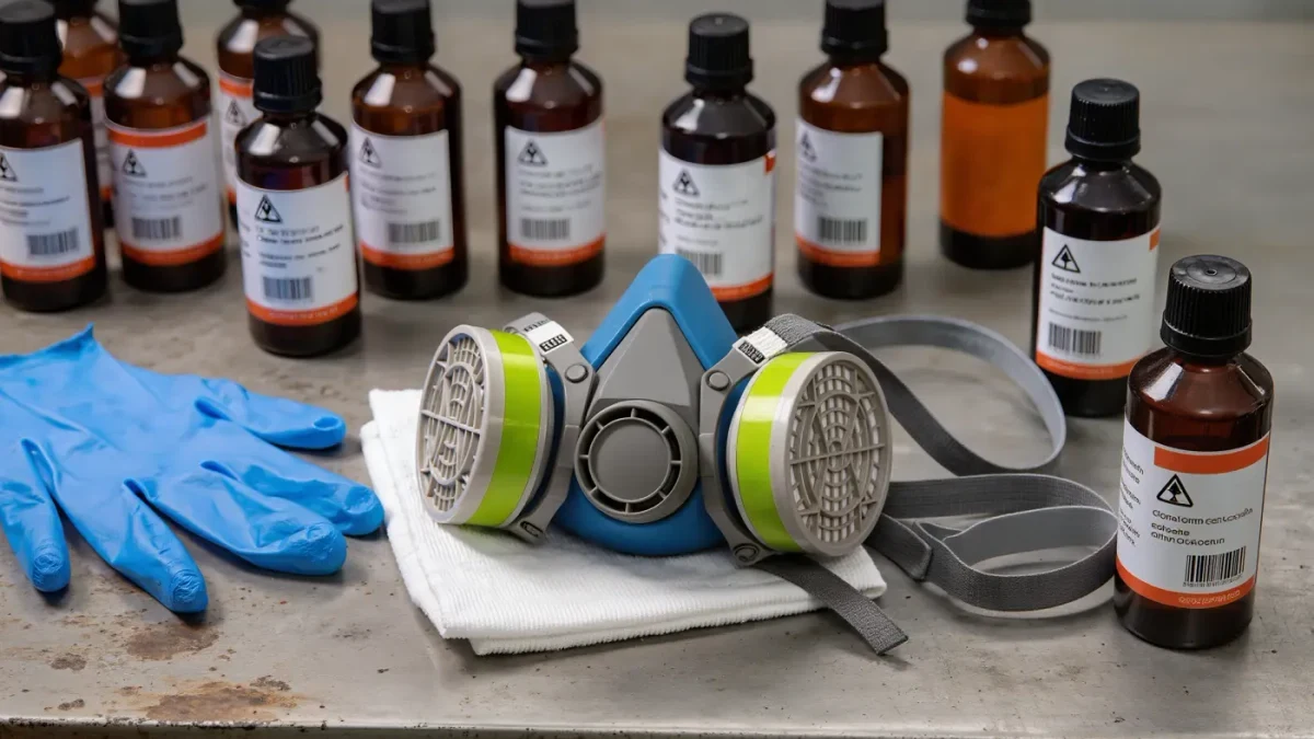 Solvent bottles, nitrile gloves and respirator on steel workbench