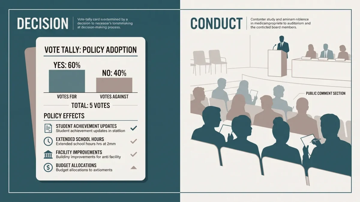 Infographic contrasting a board vote outcome with meeting conduct coverage