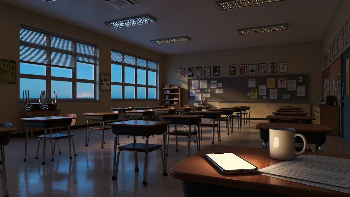 Empty classroom at dusk with a glowing phone on the desk