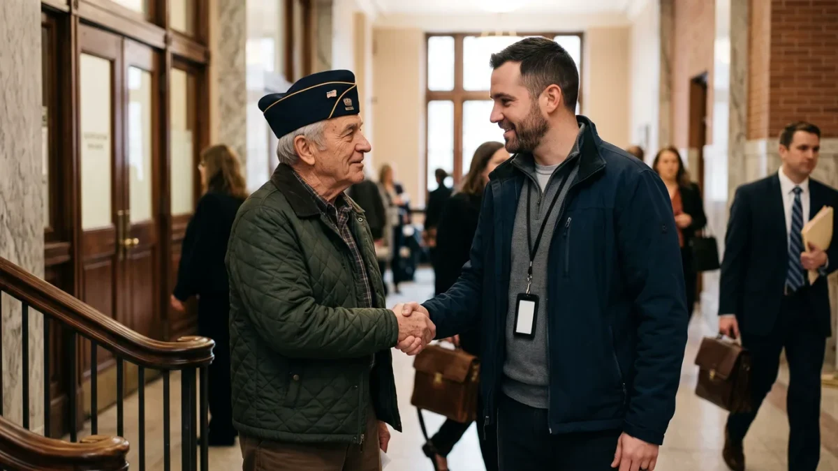 Older veteran with service cap shaking hands with a mentor after a hearing