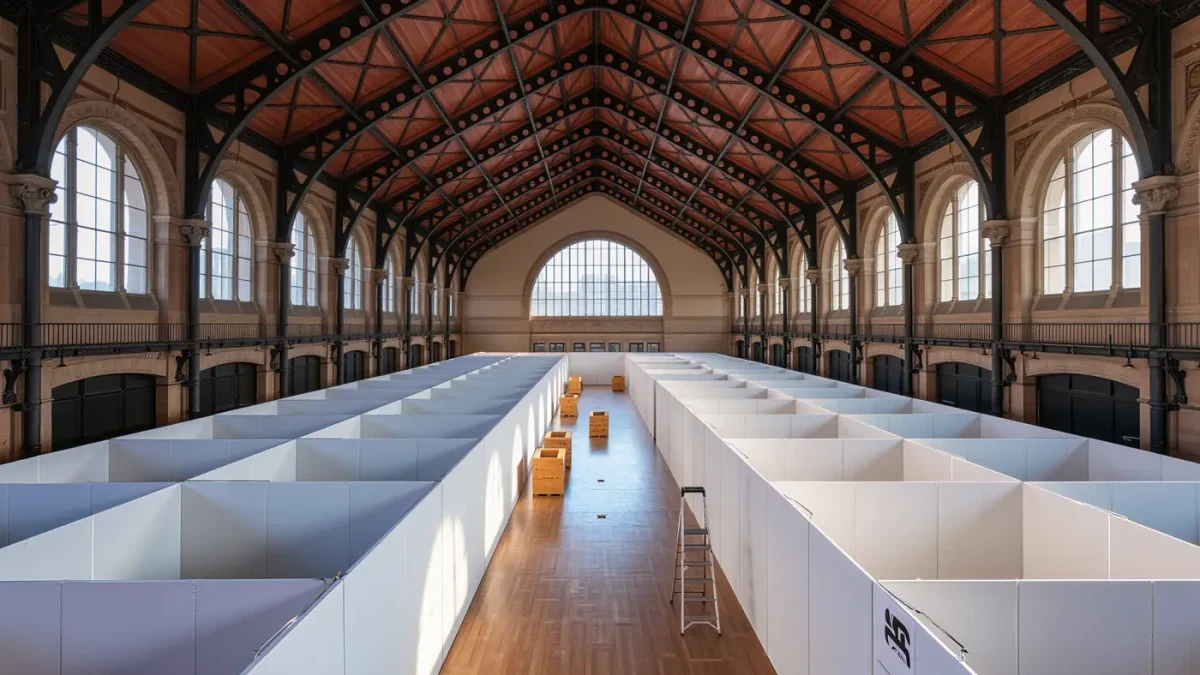 Empty armory drill hall with newly built fair booths before opening