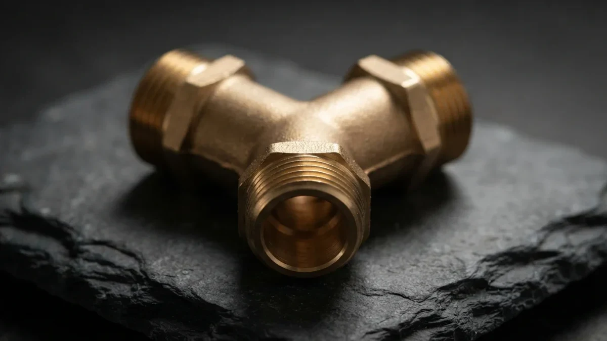 Brass pipe fitting splitting one channel into two separate branches