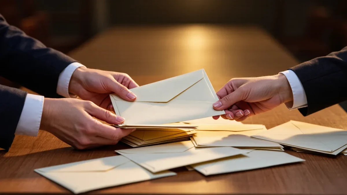 Hands holding sealed award envelopes at a ceremony backstage table