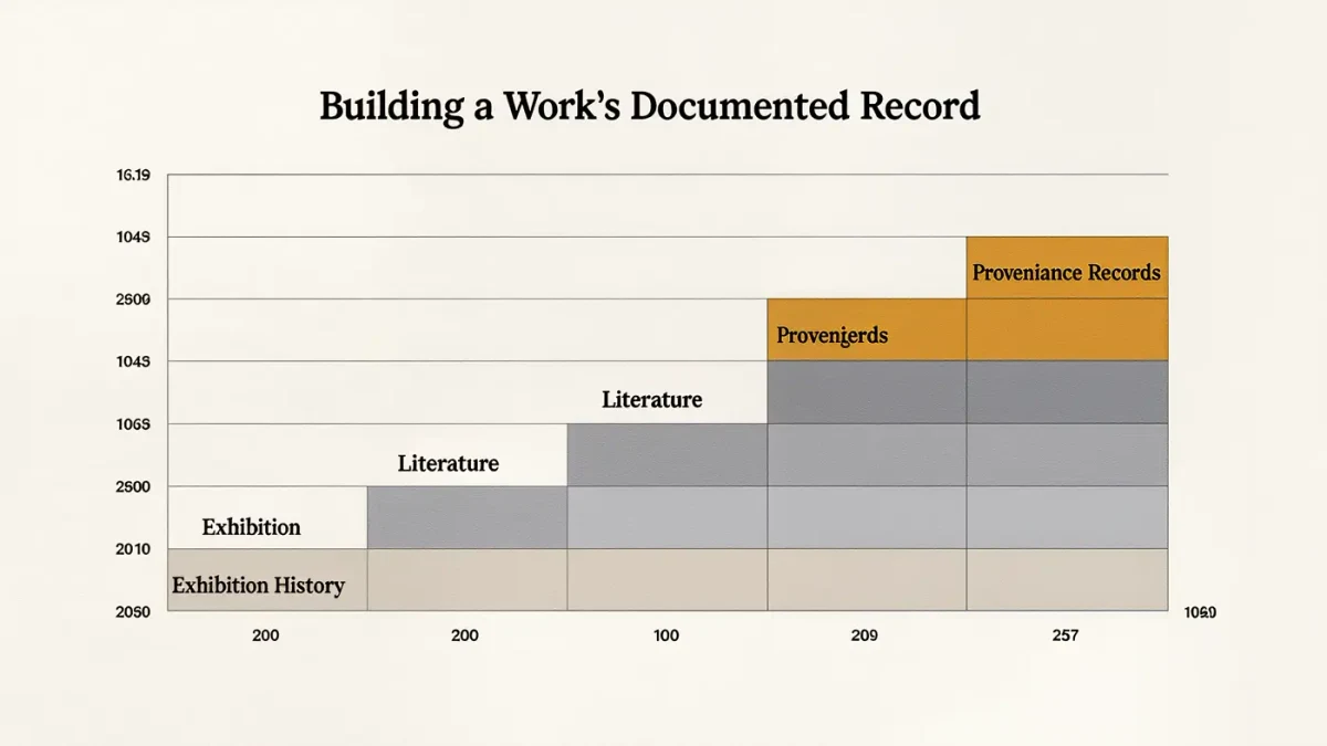 Chart of a work's documented record thickening across decades of exhibitions
