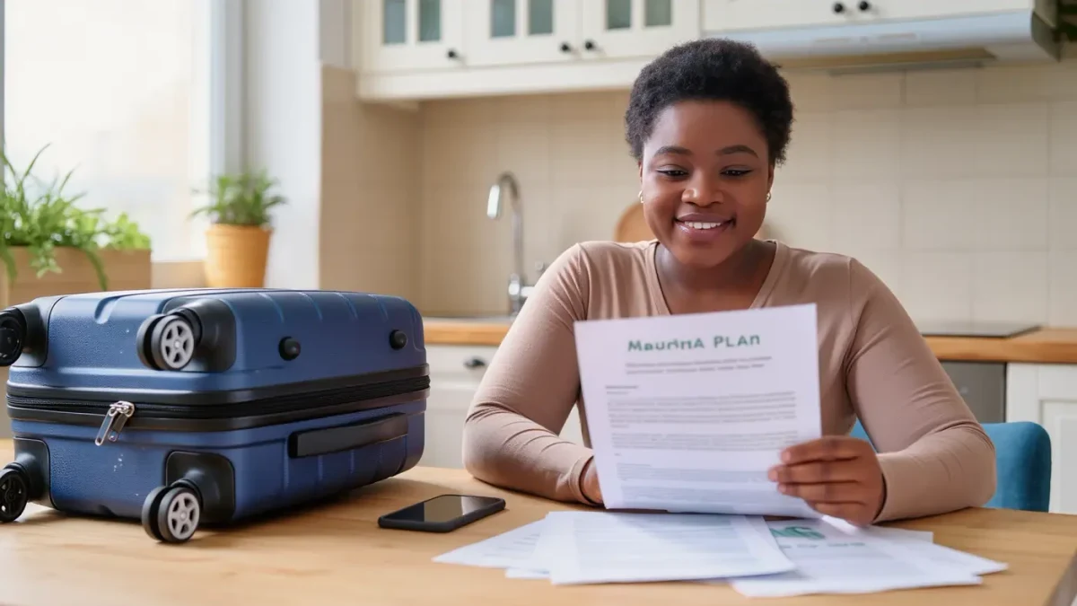 A woman reviewing health plan documents before a medical trip