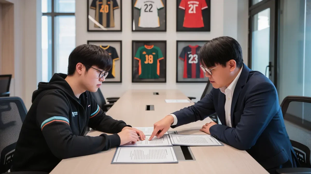 Young player and advisor reviewing contract at team office