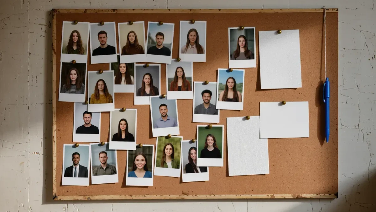 Corkboard with pinned printed customer photos and blank permission cards