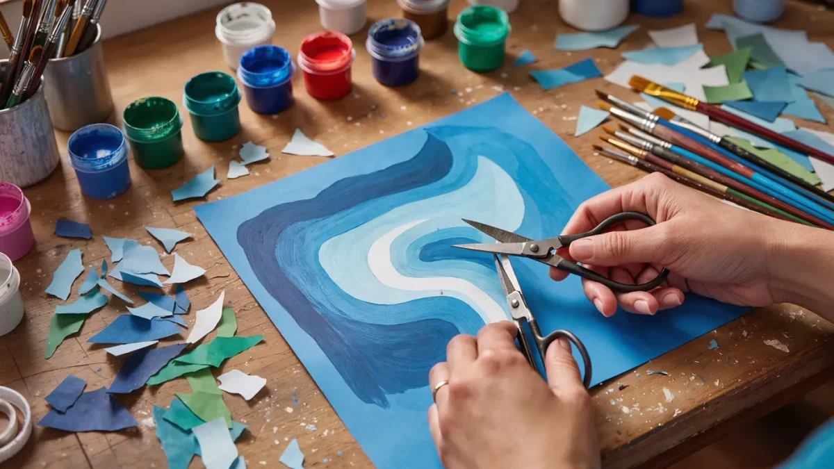 Hands cutting a curved shape from gouache-painted paper with small scissors