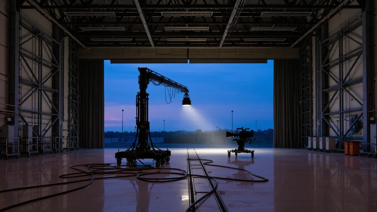 Empty film soundstage with lighting rig at dusk