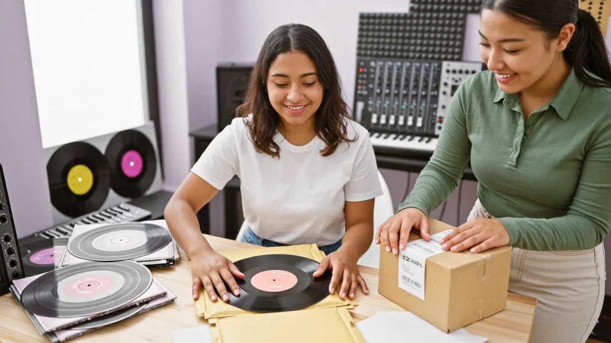 Independent artist packing vinyl orders in a home studio