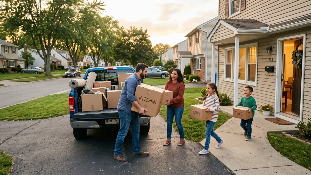 Family unloading moving boxes at a suburban house at golden hour