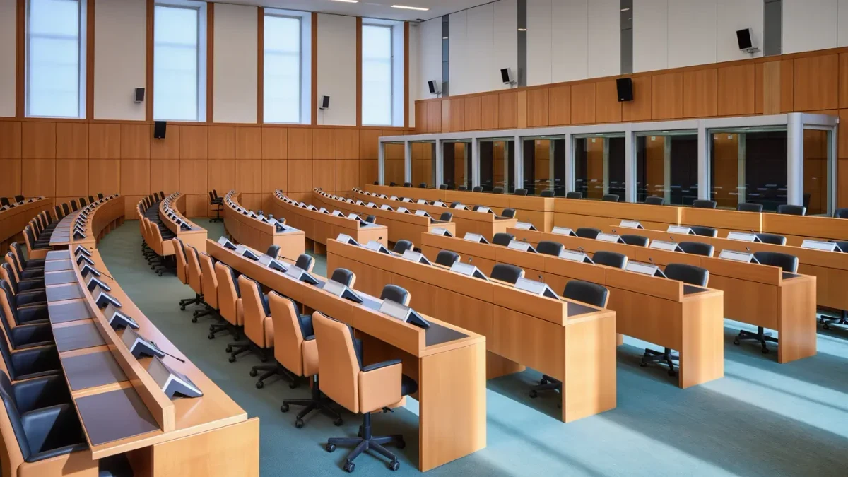 Empty hearing room with rows of seats and institutional wood paneling
