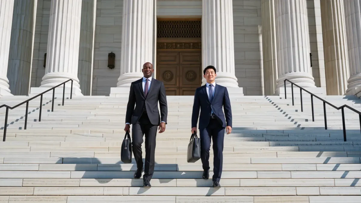 Federal courthouse exterior with attorneys ascending the steps