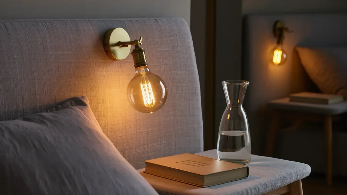 Evening living room lit by layered warm lamps