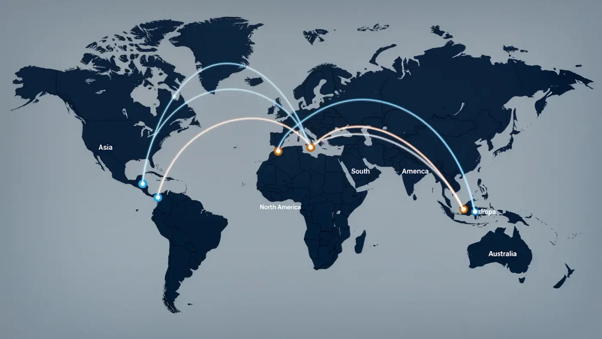 World map with shipping routes glowing between continents